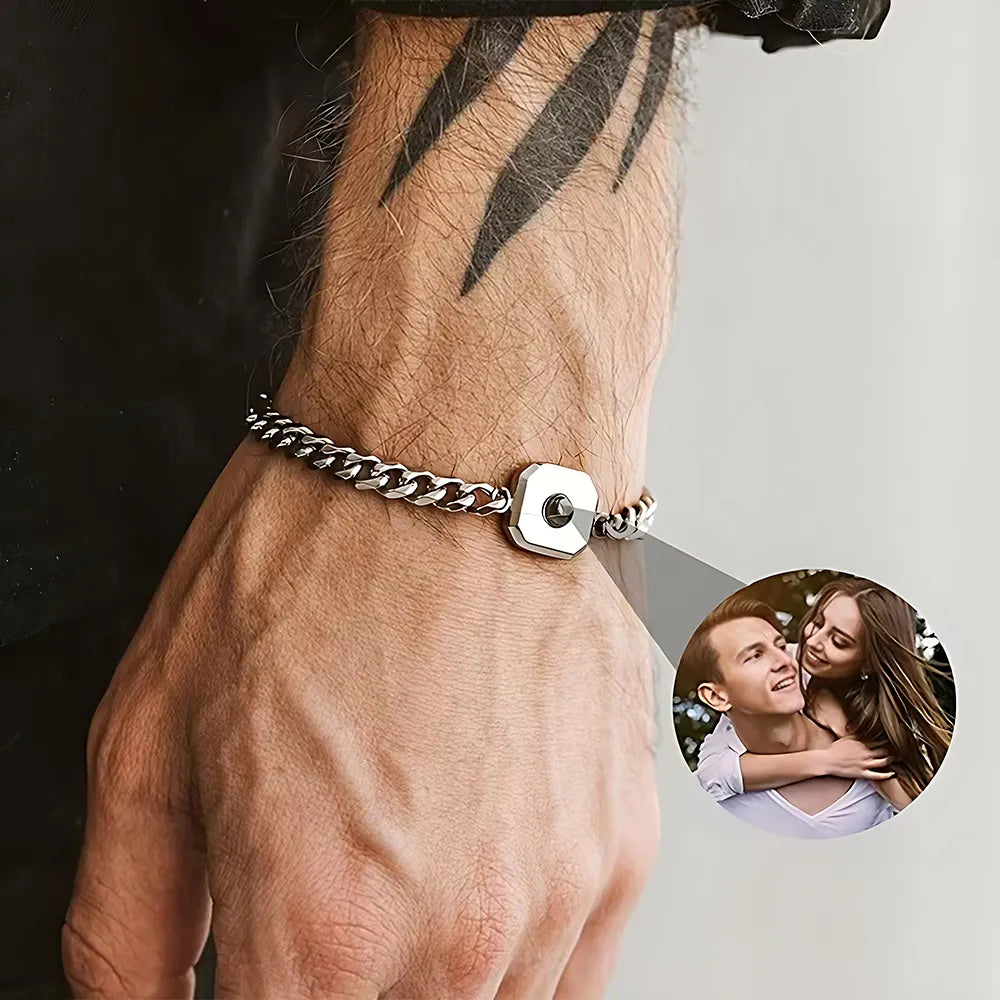 Bracelet on a wrist with a close-up inset of a couple embracing.