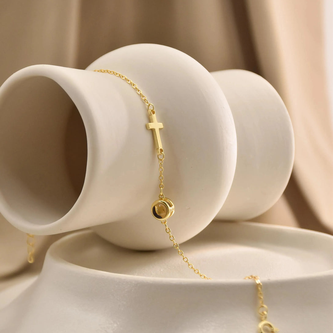 Custom Cross Photo Projection Chain Bracelet Gold