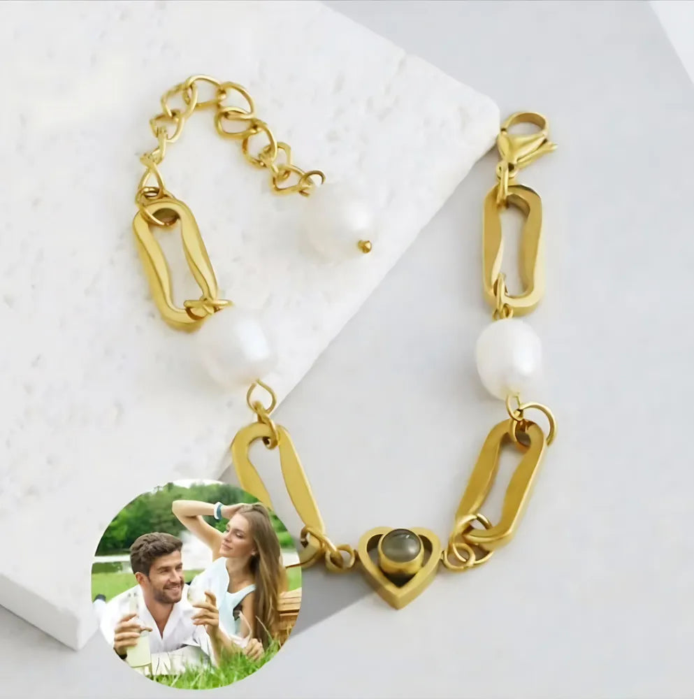 Custom photo projection bracelet with gold titanium steel and pearl chain