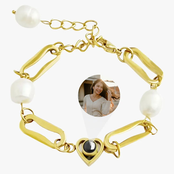 Custom photo projection bracelet with gold titanium steel and pearl chain