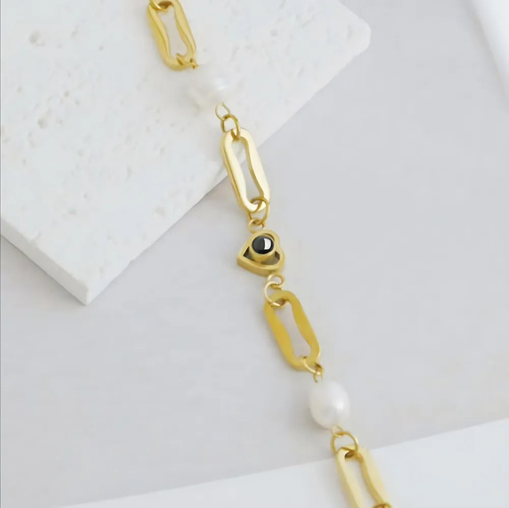 Custom photo projection bracelet with gold titanium steel and pearl chain