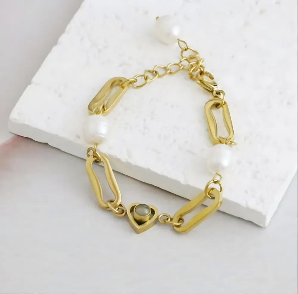 Custom photo projection bracelet with gold titanium steel and pearl chain