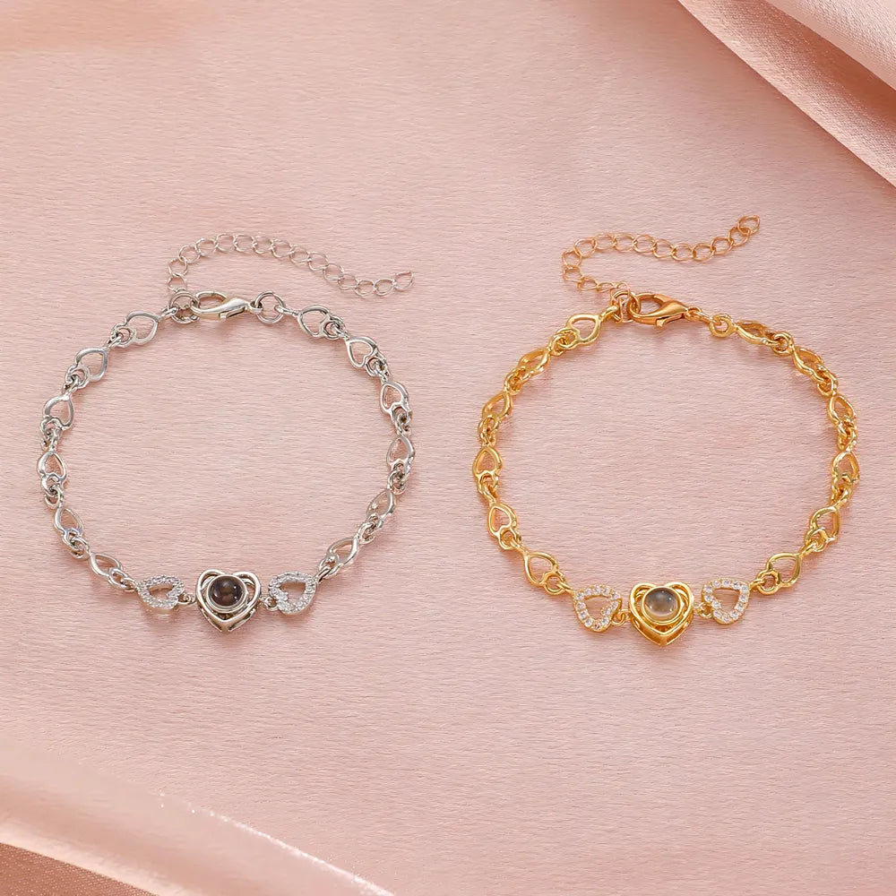 eart-shaped custom photo projection bracelet with hollow zircon design