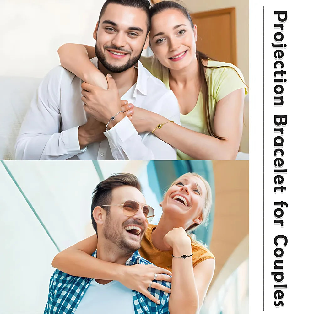 Two images of a couple embracing with text 'Projection Bracelet for Couples' on the side.