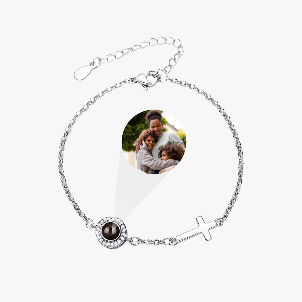 Custom Cross Photo Projection Chain Bracelet Silver