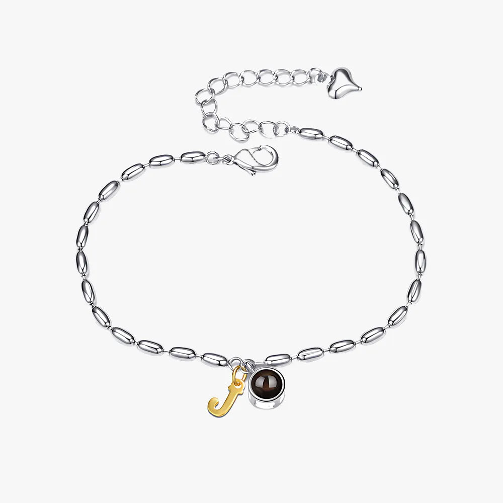 Alphabet initial photo projection bracelet with round charm and custom image