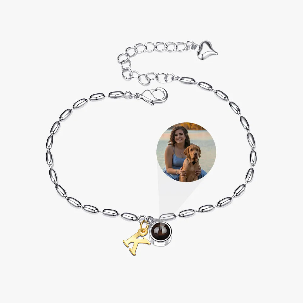 Alphabet initial photo projection bracelet with round charm and custom image