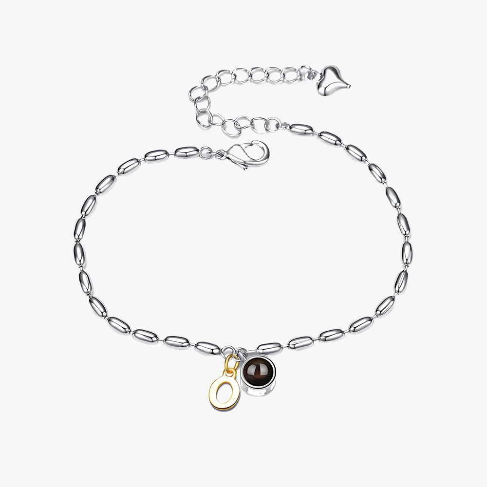 Alphabet initial photo projection bracelet with round charm and custom image