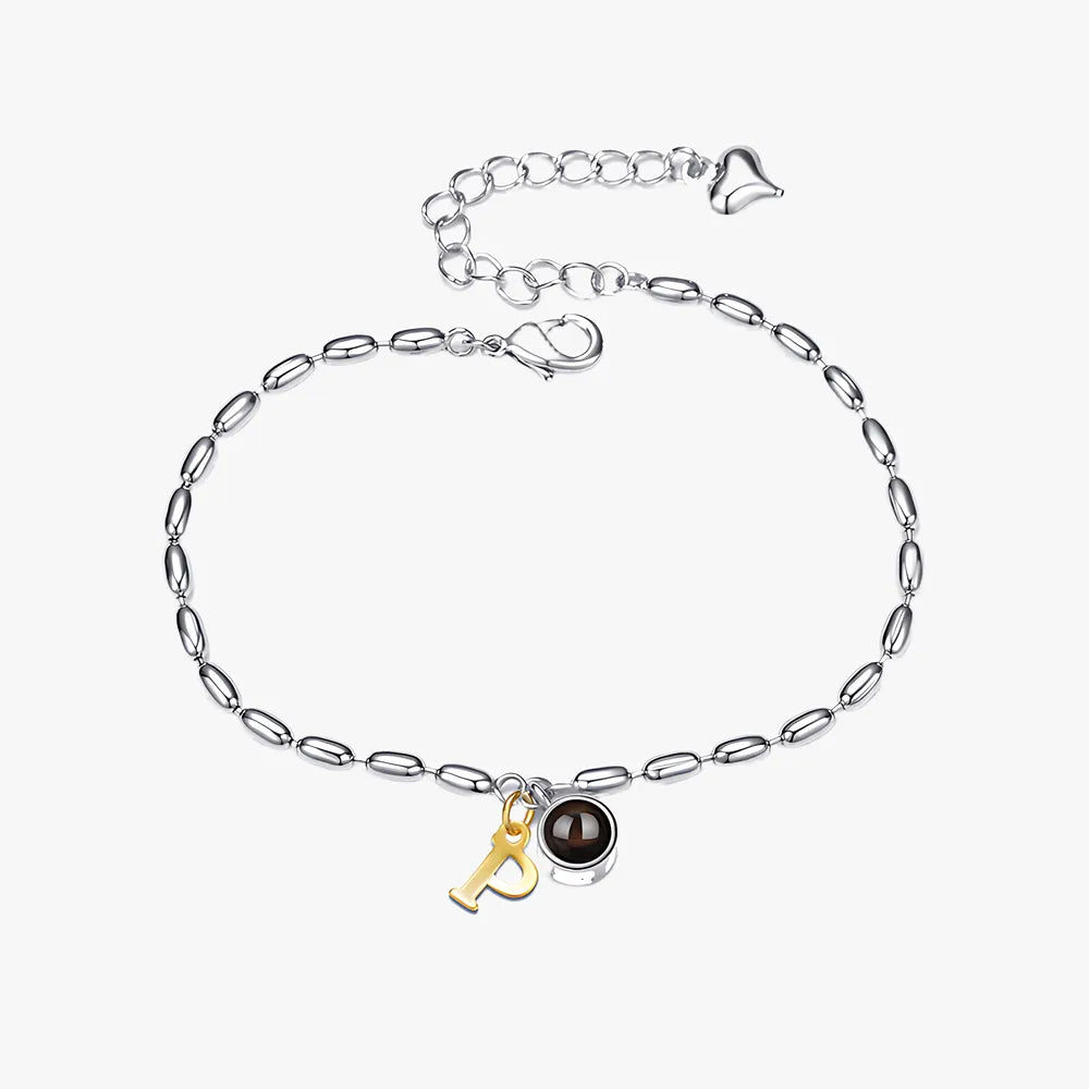 Alphabet initial photo projection bracelet with round charm and custom image