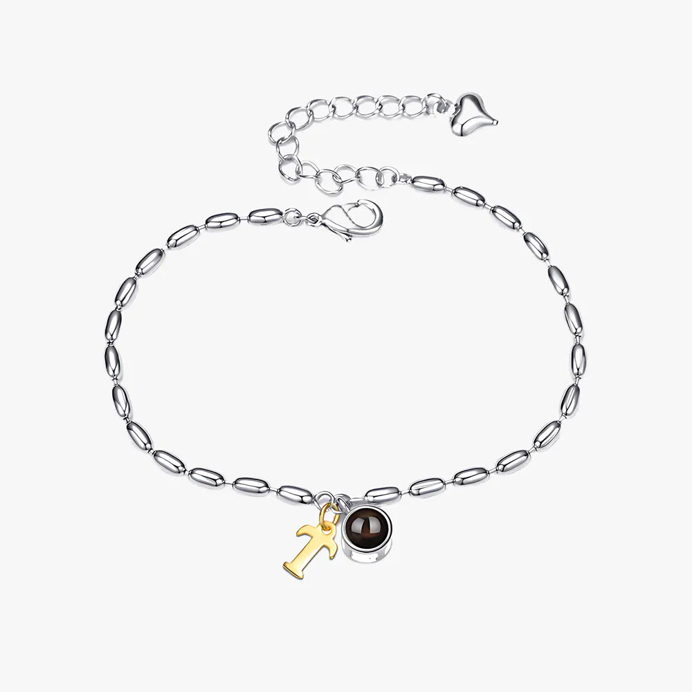 Alphabet initial photo projection bracelet with round charm and custom image