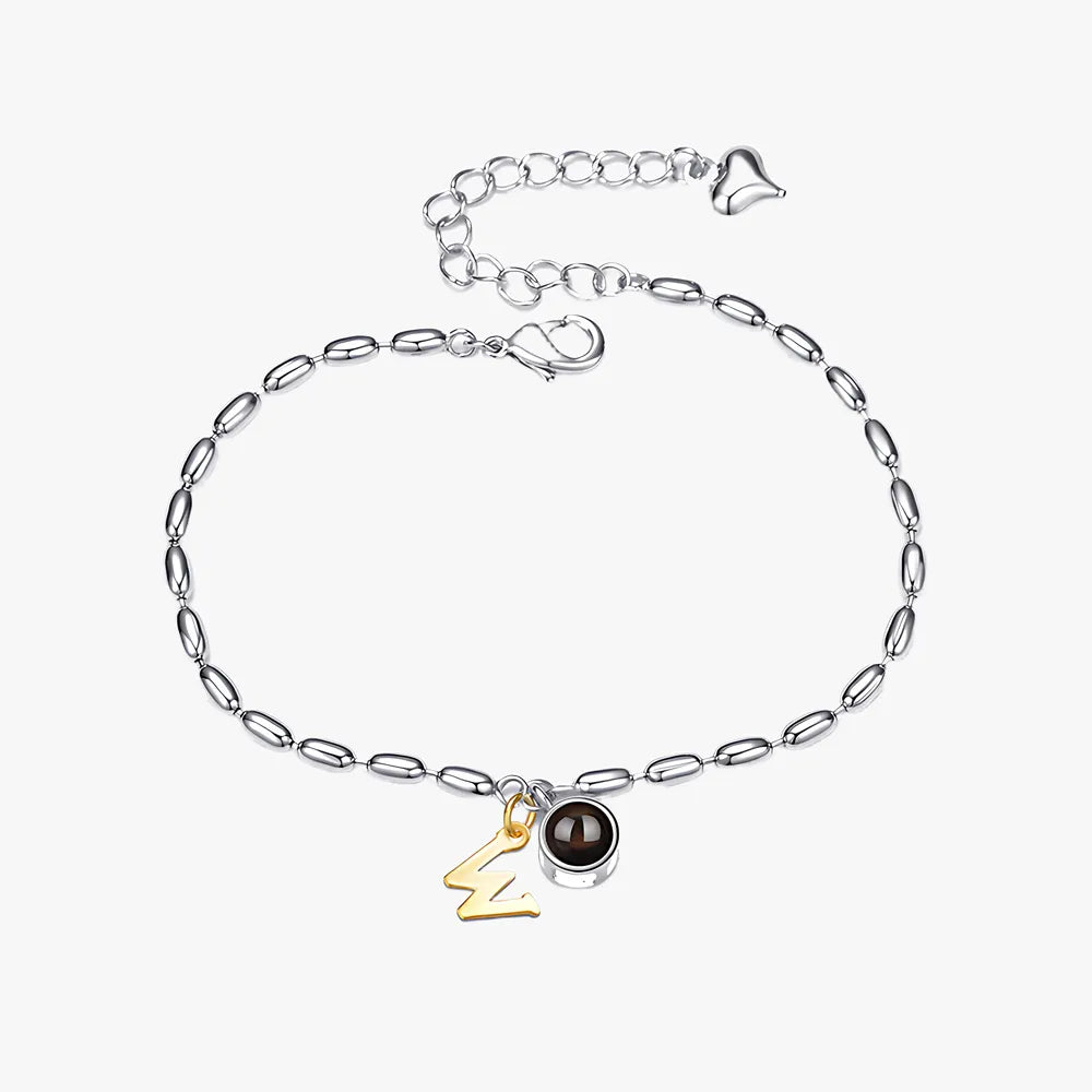 Alphabet initial photo projection bracelet with round charm and custom image