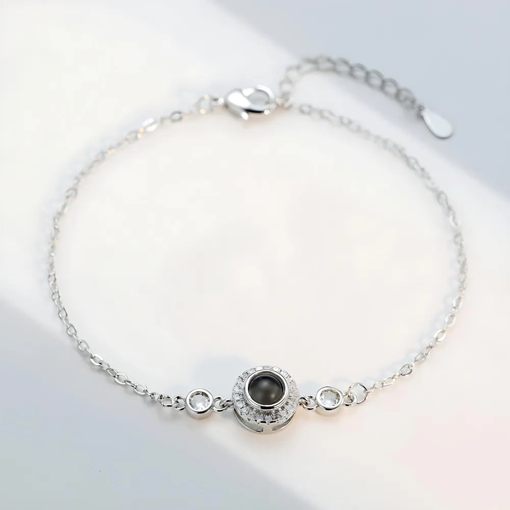 Silver Round birthstone bracelet with custom photo projection charm