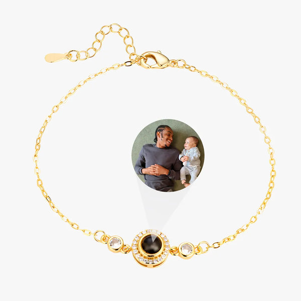 Round birthstone bracelet with custom photo projection charm
