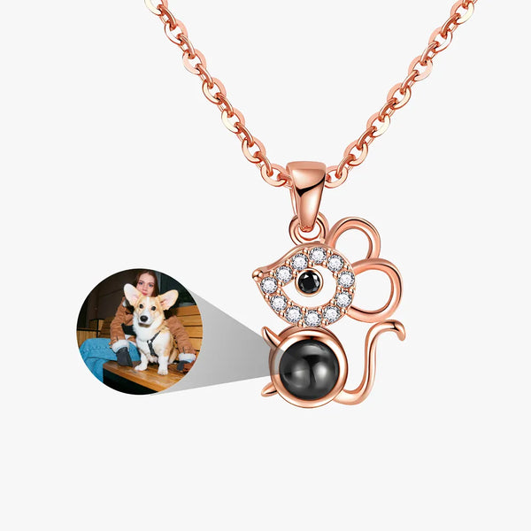 Rose gold Cute mouse heart projection necklace with custom photo inside