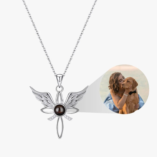 Angel wings projection necklace with custom photo charm and clavicle chain