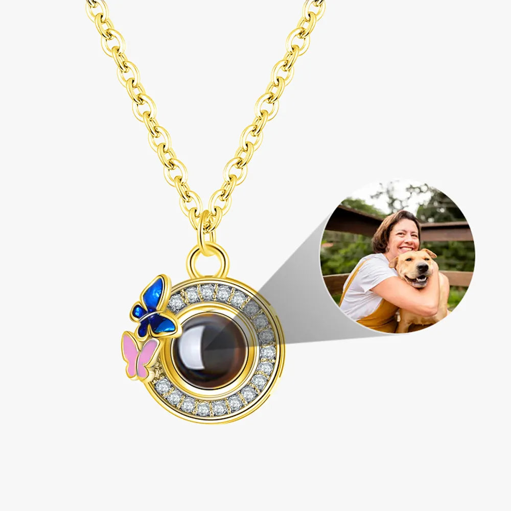 Gold Custom round butterfly photo projection necklace with personalized image
