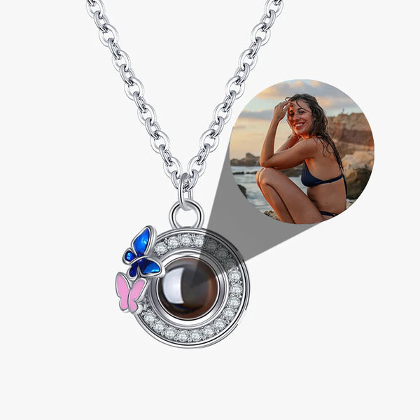 Silver Custom round butterfly photo projection necklace with personalized image
