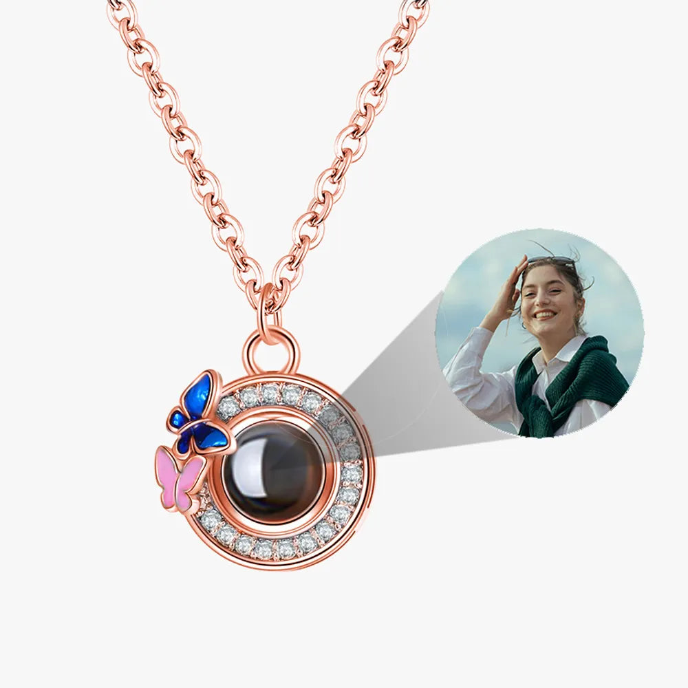 Rose gold Custom round butterfly photo projection necklace with personalized image