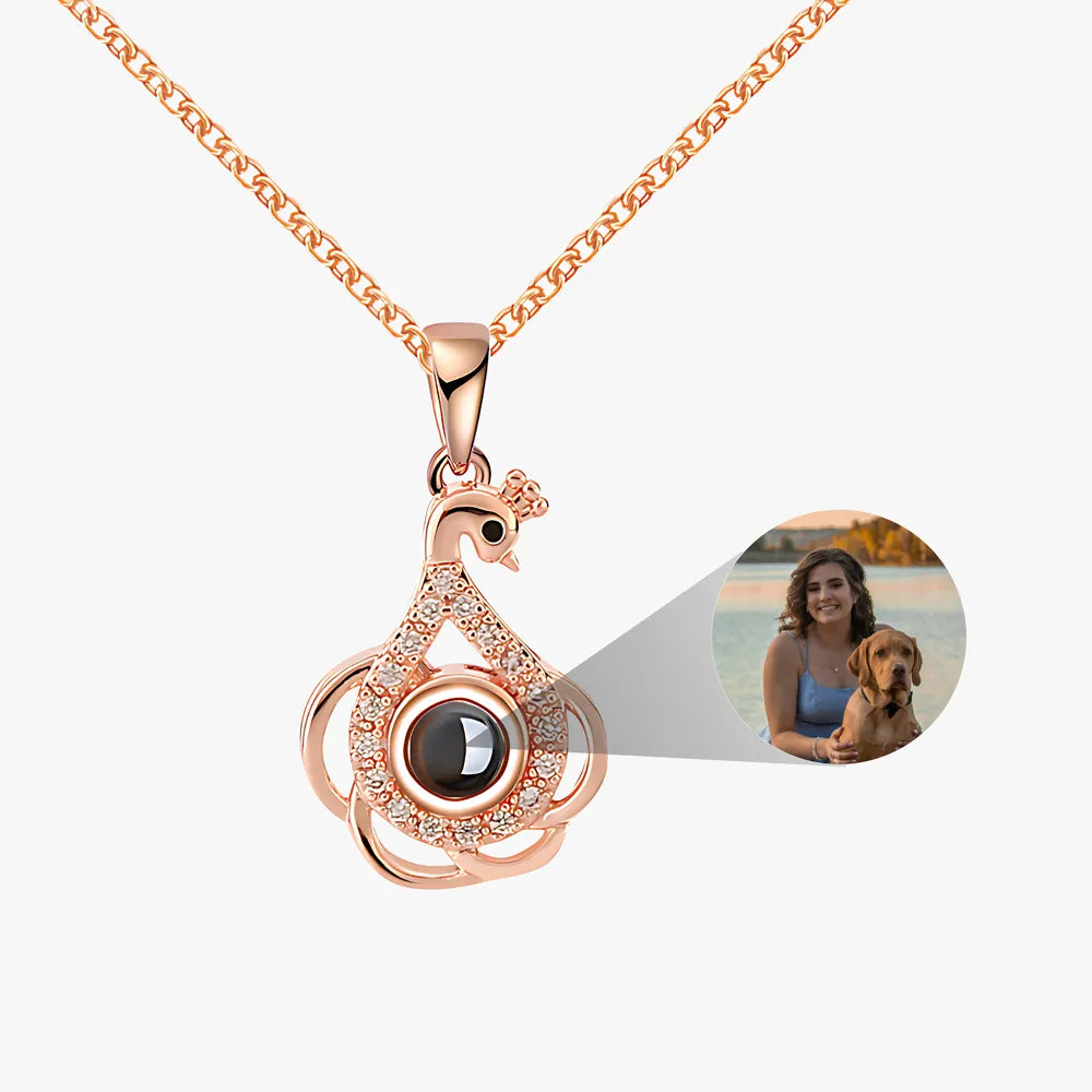 Rose gold Swan pendant photo projection necklace with custom image inside background